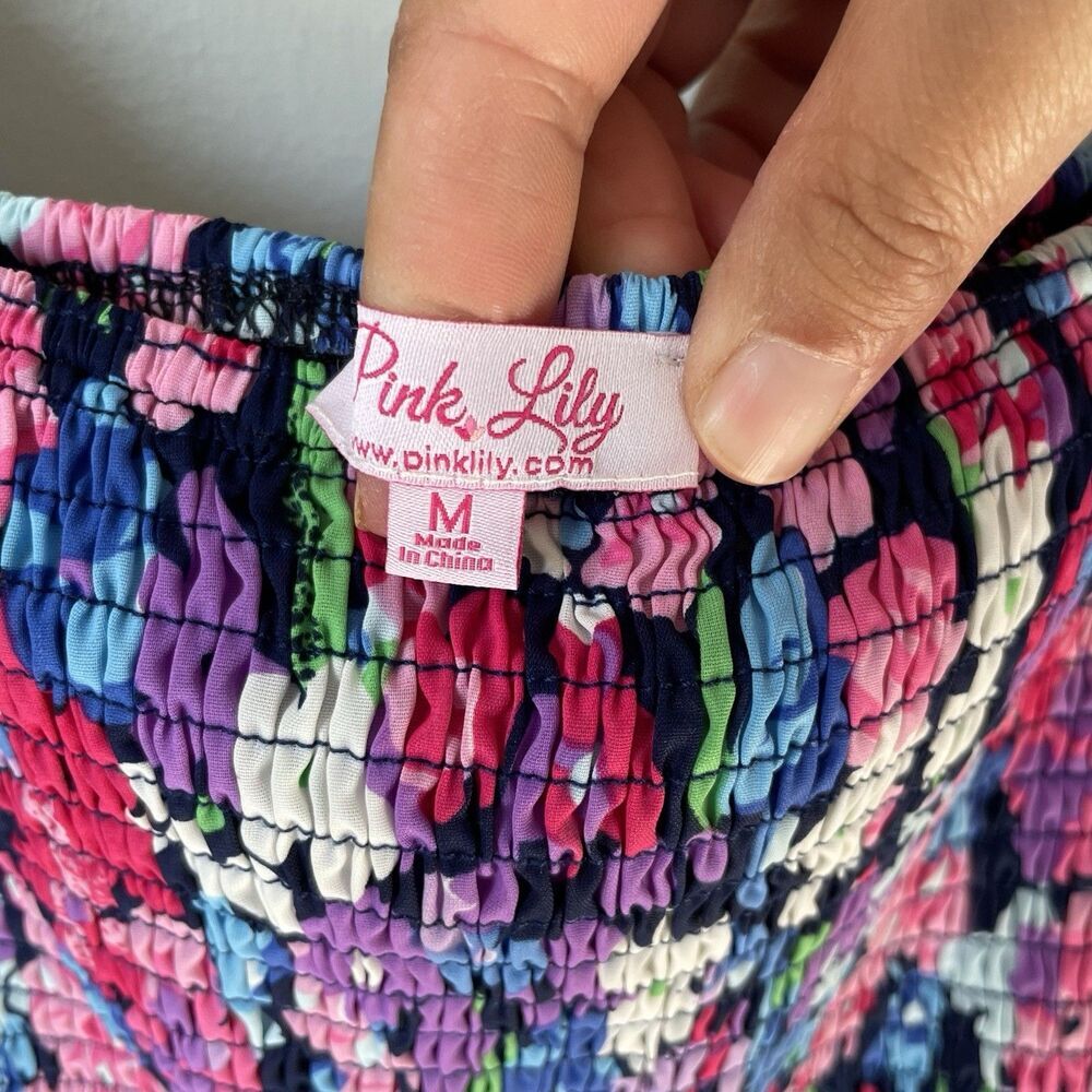 Pink Lily Boutique Floral Print Midi Dress Ruched Bubble Sleeves Size Medium - Picture 9 of 12